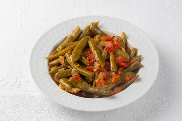 Traditional delicious Turkish food; Green beans with olive oil; Turkish name; Zeytinyagli taze fasulye