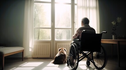 An elderly man in a wheelchair gazes out the window with his dog