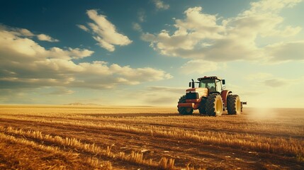 Fototapeta premium A photo of a tractor in a vast open field.