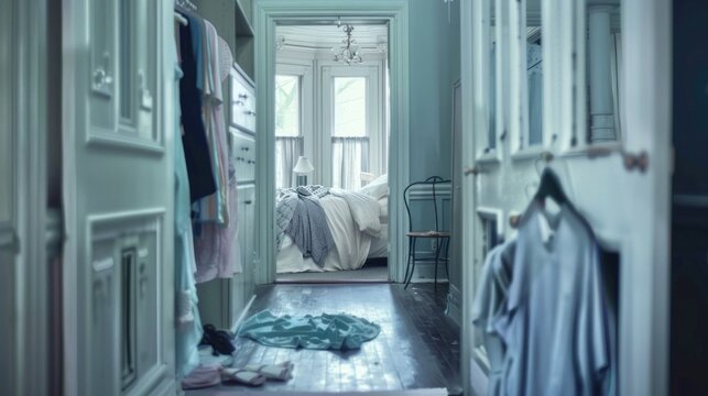 A hallway reveals an open closet overflowing with clothes, creating a sense of disarray in a tranquil home atmosphere