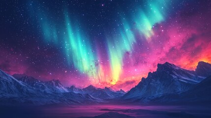 Mesmerizing aurora borealis illuminating a snowy mountain landscape at night