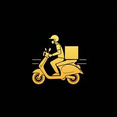 Obraz premium Icon with a golden silhouette of a man on a scooter with a food delivery box, on a black background.
