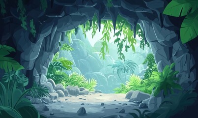Cave entrance surrounded by lush greenery and tropical plants