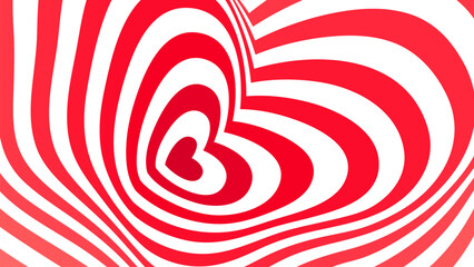 Psychedelic heart tunnel, vector love background. Vibrant distorted romantic backdrop pulsates with red and white stripes, mesmerizing optical illusion, swirling, whimsical hypnotic Valentines pattern
