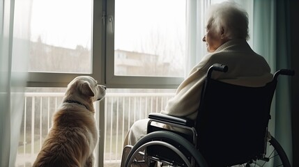 An elderly man in a wheelchair gazes out the window with his dog