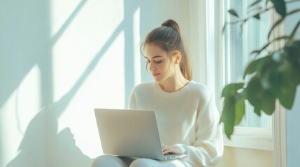 Fototapeta premium Student studying on laptop bright room clean background copy space
