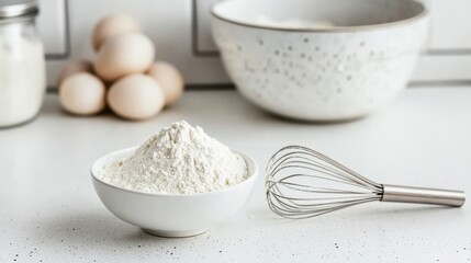 single baking whisk and a small bowl of flour on a white kitchen counter bright natural light minimal details high-resolution ideal for baking blogs and cooking tutorials.