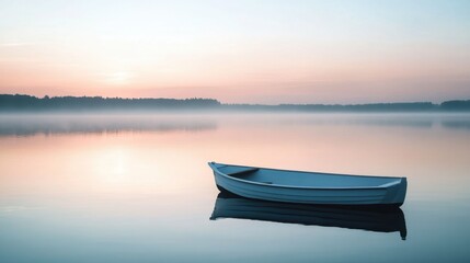 single rowboat floating on a calm lake at sunrise soft natural light minimal background high-resolution ideal for relaxation and travel-related content.