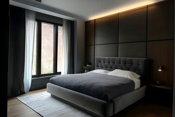 nowoczesne wnętrze, minimalistyczny styl, ciemne kolory, klimatyczne oświetlenie, eleganckie wnętrze, wystrój wnętrz, głęboka szarość, luksusowe wykończenia, wnętrze z charakterem, matowe wykończenia,