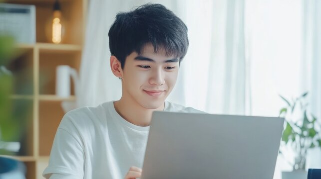 Student taking online course young Asian man with short black hair bright room clean background  copy space