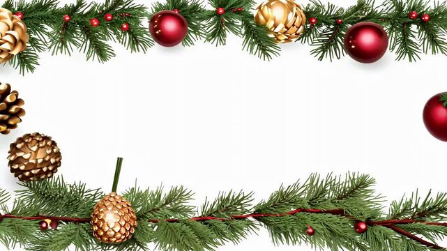 festive Christmas border featuring gold pine cones holly mistletoe acorns cedar foliage arranged white background video ideal creating elegant winter holiday displays greeting cards invitations