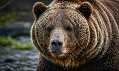 Obraz premium A brown bear stares intently at the camera, its thick fur and dark eyes standing out against the blurred background of rocks and green foliage