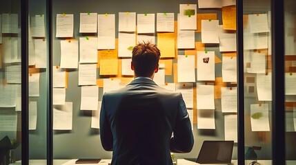 A formal man observes a wall filled with colorful sticky notes