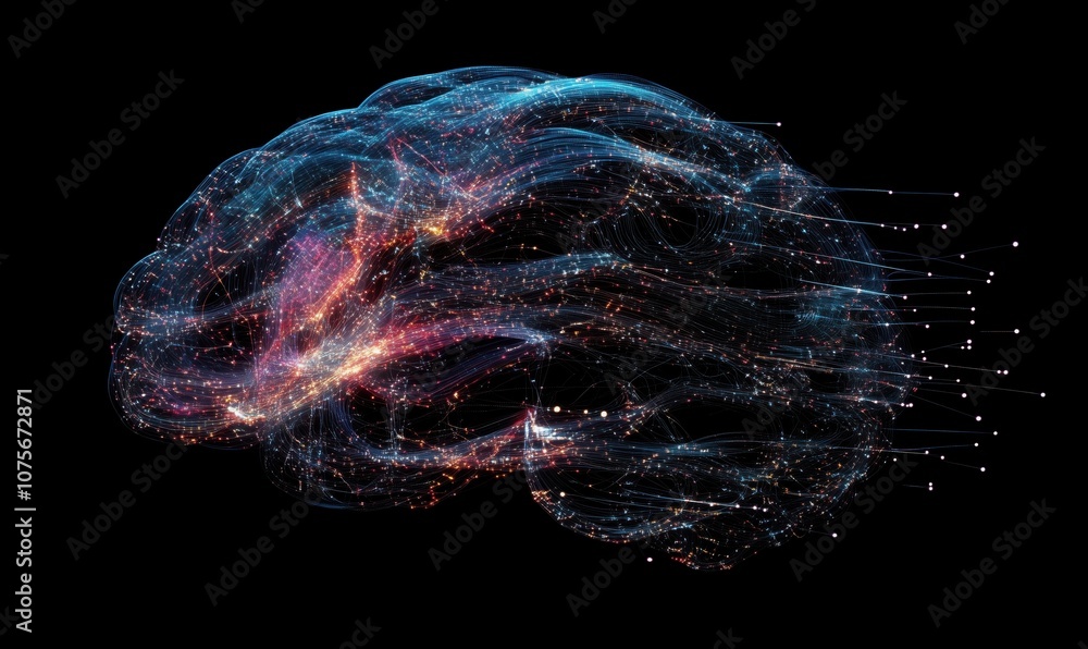 Poster neural network visualization, abstract brain structure, glowing connections, dark background