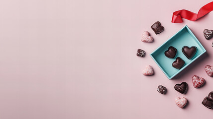 Fototapeta na wymiar Heart-shaped chocolates arranged around a small teal box with a red ribbon on a soft pink background