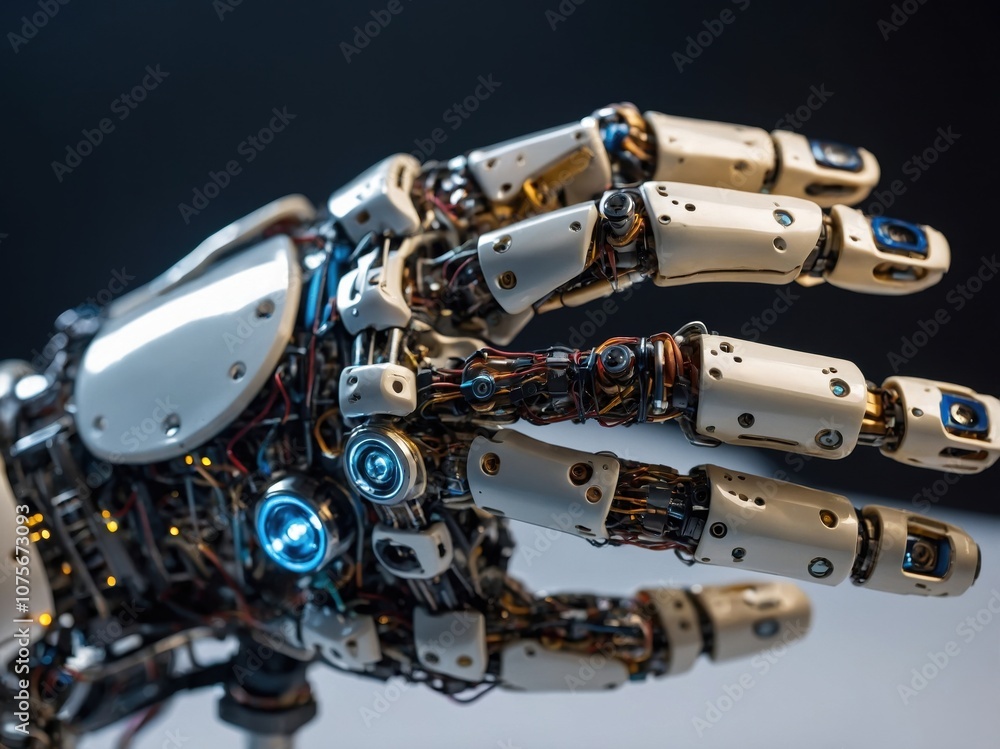 Poster ai-powered robot hand, detailed image of a robotic arm with advanced features
