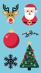 Christmas Icon Set with Santa, Reindeer, Tree, Ornament, and Snowflake, Flat Style