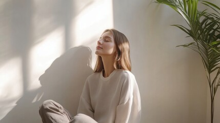 Woman enjoying deep breathing bright room clean background  copy space