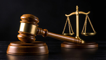 Wooden Judge's Gavel on Black Background. Close-up of a wooden judge's gavel with a gold band resting on its base, symbolizing law, justice, and authority.
