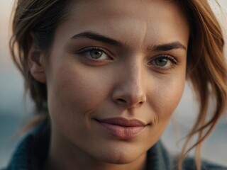 Fototapeta premium Closeup of a woman with a soft smile and relaxed expression in a peaceful outdoor setting