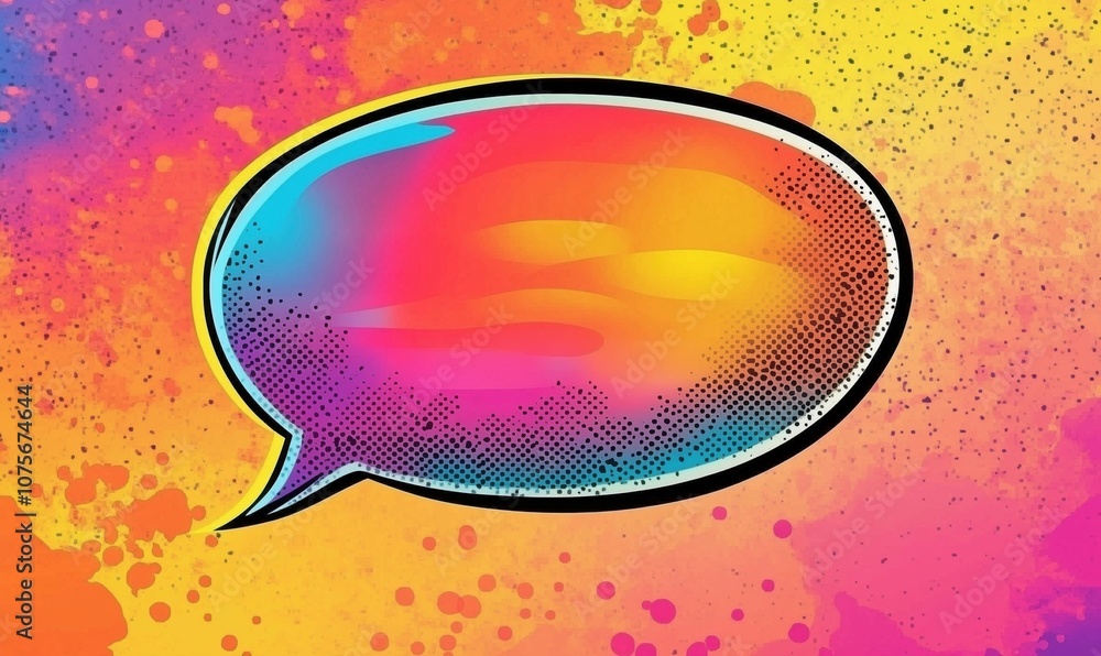 Poster colorful speech bubble with vibrant gradient and splatter background