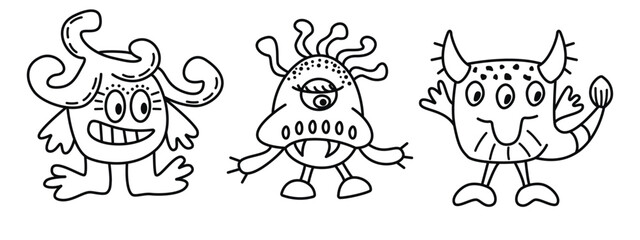 Line drawn monsters set isolated on white background.Graphic icons in black.Funny characters of various shapes with horns, eyes, tail.Vector design for card,stickers,banner template,print on fabric. 