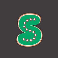 Ginger Cookie alphabet font letter S
Cartoon letters with shadow. Christmas holiday vector illustration for your typography design.