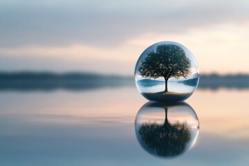 Tree in a Crystal Ball Reflecting on Calm Water