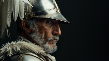 An older conquistador with a white beard and feathered helmet portrays an intense expression, evoking the spirit of exploration and bravery