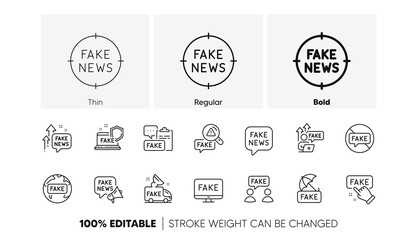 Social media propaganda, Newspaper, Conspiracy of truth. Fake news line icons. Wrong facts, Fake information, False loudspeaker outline icons. Misleading news, People lies and propaganda truck. Vector