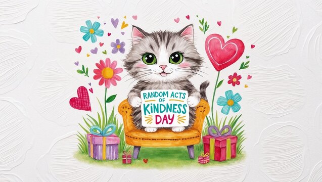 Random Acts of Kindness Day Text on greeting card with cat and hearts