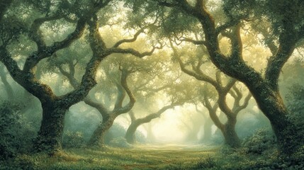 Fototapeta premium A serene forest scene with trees showcasing elegant, sprawling branches against a soft, misty background.