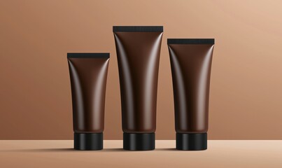 Brown cosmetic tubes, three sizes, sleek design, minimalist background