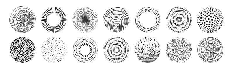 Set of round doodle hand drawn patterns and textures. Abstract organic shapes, different textured circles. Trendy vector graphic elements for cover, poster, banner, label, fabric, wallpaper, wrapping.