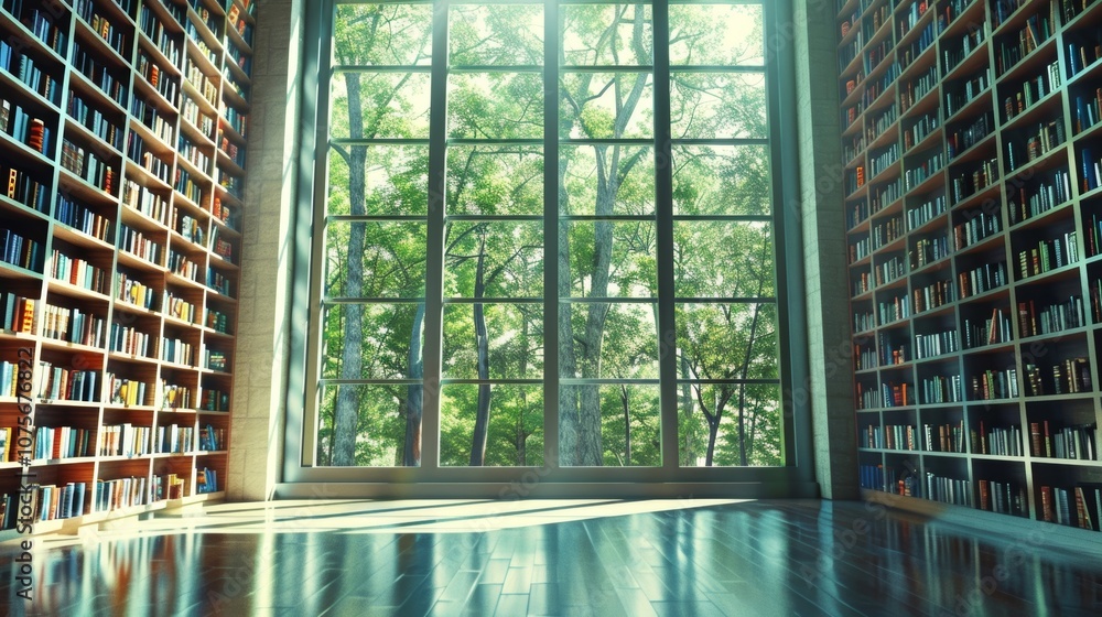 Aufkleber a large window with natural light streaming in illuminating the rows of books on the shelves.