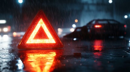 This visually compelling image shows a bright red warning triangle on rainsoaked streets at night, emphasizing the urgent need for improved road safety in low visibility and challenging weather