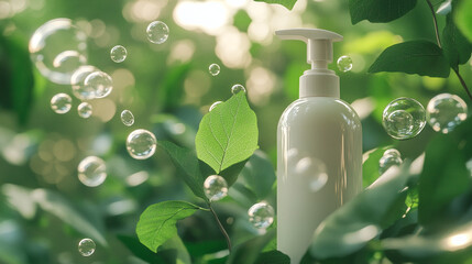 Natural Soap Bottle with Green Leaves and Bubbles