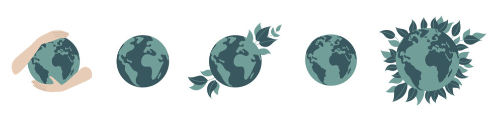 Set of green symbols with leaves and planet. 