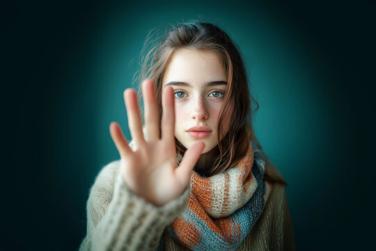 Young girl with a serious expression raising her hand to call for the end of human trafficking. She wears a warm knit scarf and sweater, with a teal background. Awareness poster.