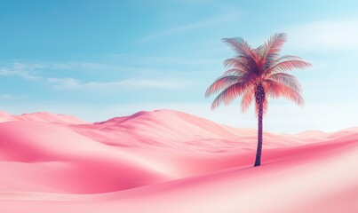 Pink desert landscape with palm tree, surreal scenery, soft sand dunes