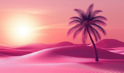 Obraz premium Surreal pink desert landscape with palm tree and sunset