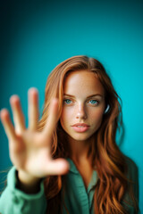 Young woman with red hair raising her hand to advocate for freedom of expression and human rights. Teal background. Awareness poster.