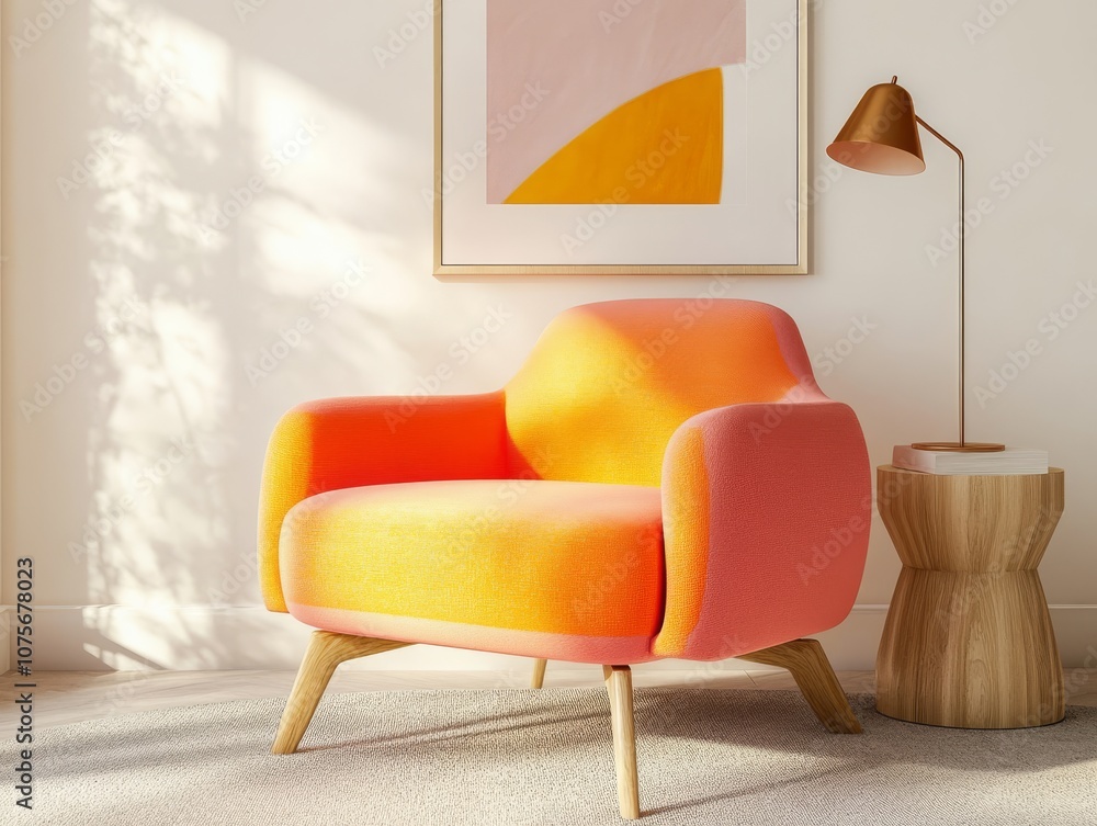 Poster Explore a beautifully designed modern living room in a minimalist Japandi style, featuring a vibrant pink armchair by the window, natural light, and warm tones for a serene, inviting atmosphere