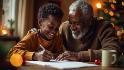 Naklejka premium Grandfather and grandson sharing a joyful moment together, writing on paper at a cozy holiday-decorated table. Warm lighting and Christmas tree in the background enhance the festive, family atmosphere