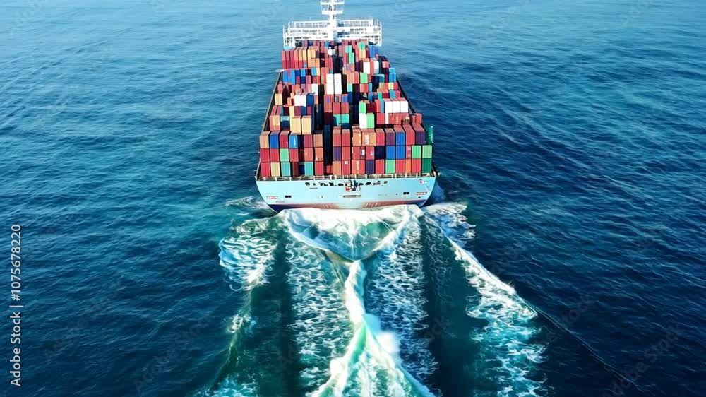 Poster aerial view of a container ship navigating through the blue ocean generative ai