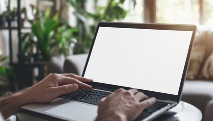 Man Using Laptop Computer with White Screen Mockup