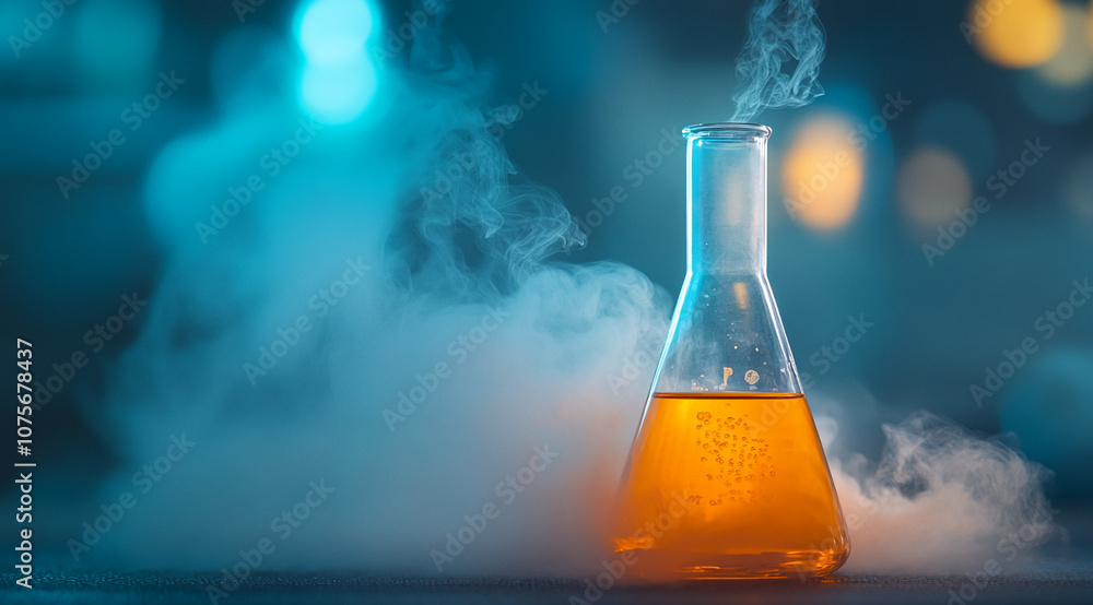Poster a glass beaker with a yellow liquid inside sits on a table in front of a blue background, with steam