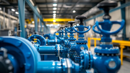 Fototapeta premium Industrial Pipeline System with Blue Valves and Pipes