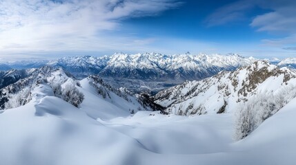 Majestic Himalayan Panorama, sweeping vistas of towering peaks, deep valleys carved by time, and untouched snow glistening under the sun, an awe-inspiring natural wonder.