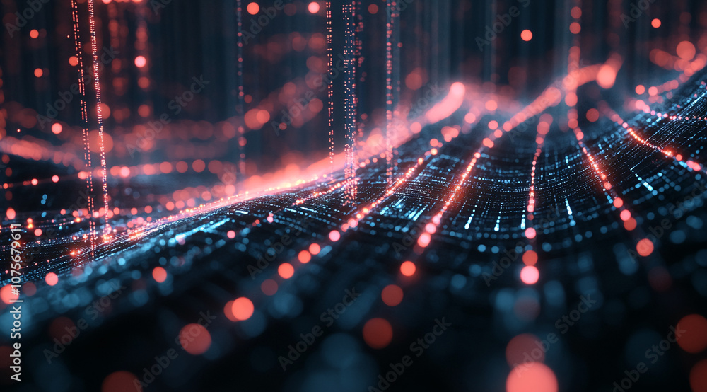 Poster A close-up of a digital landscape with glowing red lines and dots, reminiscent of data flowing through a network